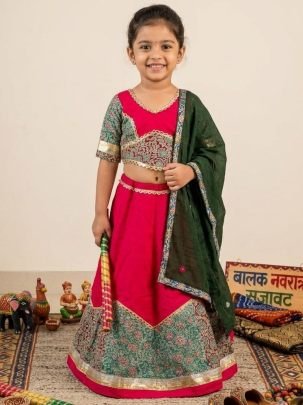 Ikkat Print Red  Colour Kids Navratri Lehenga
