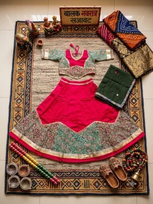 Ikkat Print Red  Colour Kids Navratri Lehenga