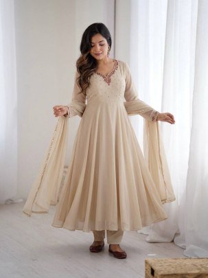 Ivory Designer Handwork Neck Anarkali Suit  