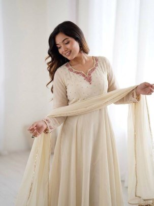 Ivory Designer Handwork Neck Anarkali Suit