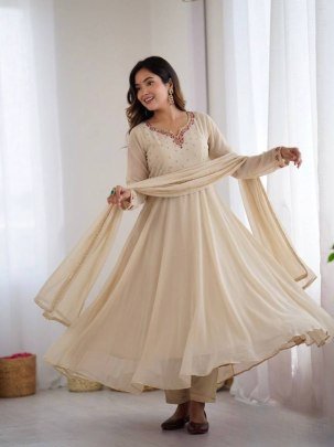 Ivory Designer Handwork Neck Anarkali Suit