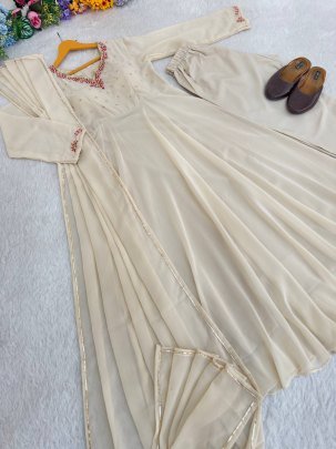 Ivory Designer Handwork Neck Anarkali Suit