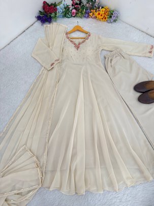 Ivory Designer Handwork Neck Anarkali Suit