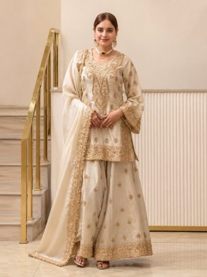 Ivory Royale Chinon Silk Designer Top Palazzo Suit