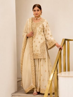 Ivory Royale Chinon Silk Designer Top Palazzo Suit