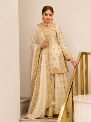 Ivory Royale Chinon Silk Designer Top Palazzo Suit