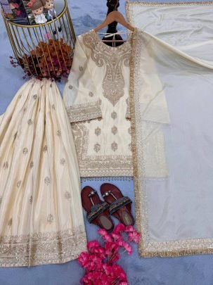 Ivory Royale Chinon Silk Designer Top Palazzo Suit