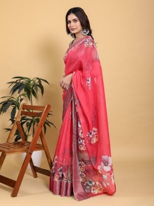 Jacquard Floral Print Rani Pink Saree With Contrast Sea Green Zari Border