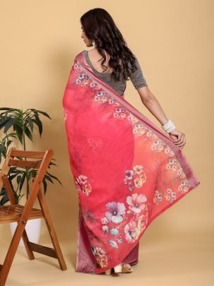 Jacquard Floral Print Rani Pink Saree With Contrast Sea Green Zari Border