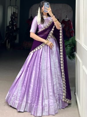 Jacquard Silk Lavender Colour South Indian Style Half Lehenga Saree