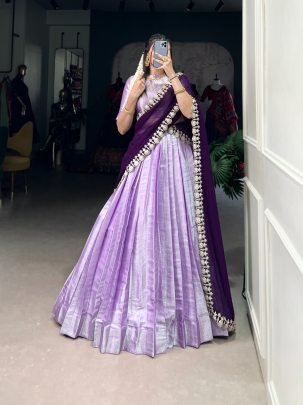 Jacquard Silk Lavender Colour South Indian Style Half Lehenga Saree
