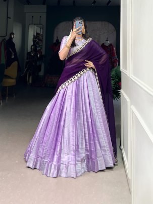 Jacquard Silk Lavender Colour South Indian Style Half Lehenga Saree