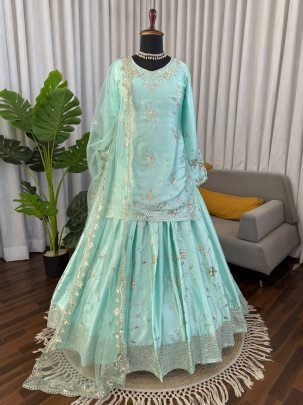 Japan Satin Fabric Sky Blue Colour Lehenga