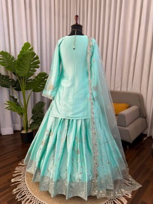 Japan Satin Fabric Sky Blue Colour Lehenga