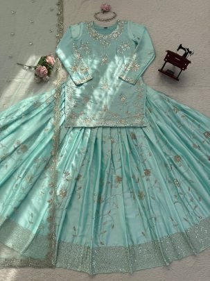 Japan Satin Fabric Sky Blue Colour Lehenga