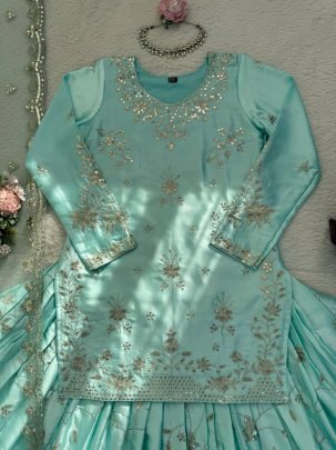 Japan Satin Fabric Sky Blue Colour Lehenga