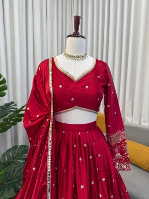 Japan Satin Red Colour Sequence Work Lehenga