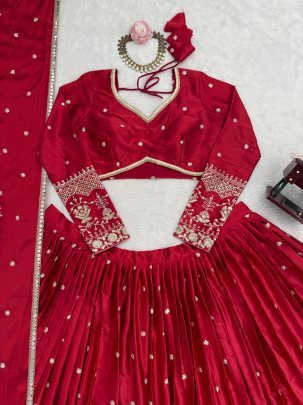 Japan Satin Red Colour Sequence Work Lehenga