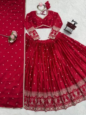 Japan Satin Red Colour Sequence Work Lehenga