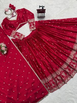 Japan Satin Red Colour Sequence Work Lehenga