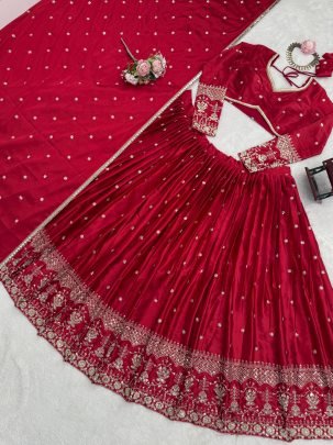 Japan Satin Red Colour Sequence Work Lehenga