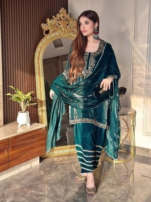 Jimmi Chhoo Sequin Work Rama Green Suit With Fancy Lace Dupatta