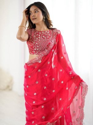 karvachauth  Special Red Colour Sequin Saree