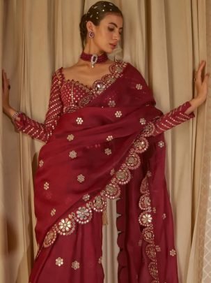 Karwa Chauth Special  Sequence Work Red Saree