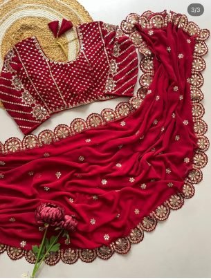 Karwa Chauth Special  Sequence Work Red Saree