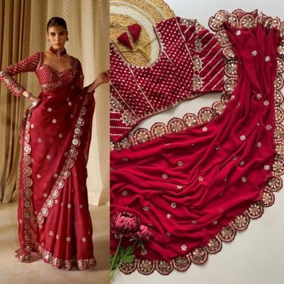 Karwa Chauth Special  Sequence Work Red Saree