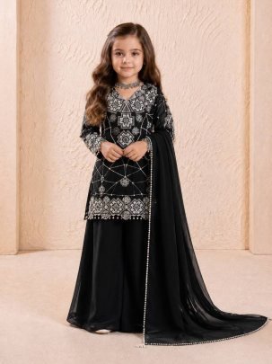 Kids Black Heavy Fox Georgette Embroidered Palazzo Set with Dupatta 
