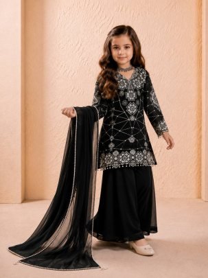 Kids Black Heavy Fox Georgette Embroidered Palazzo Set with Dupatta
