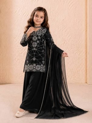 Kids Black Heavy Fox Georgette Embroidered Palazzo Set with Dupatta