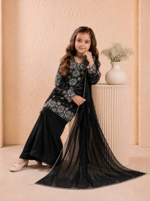 Kids Black Heavy Fox Georgette Embroidered Palazzo Set with Dupatta