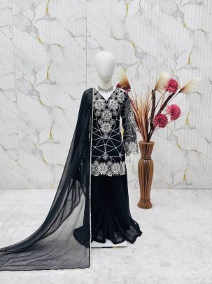 Kids Black Heavy Fox Georgette Embroidered Palazzo Set with Dupatta