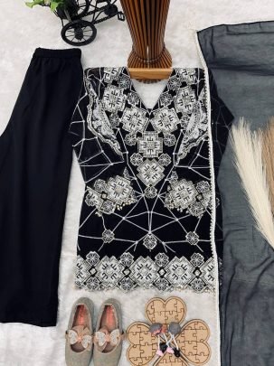 Kids Black Heavy Fox Georgette Embroidered Palazzo Set with Dupatta