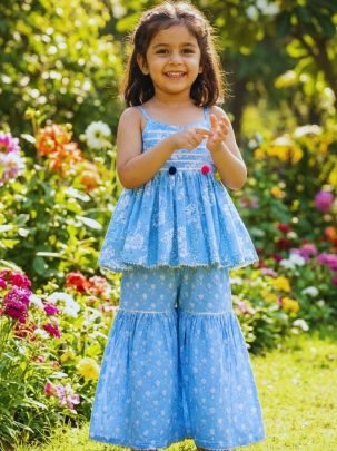Kids Rayon Fabric Sky Blue Kids Sharara Suit