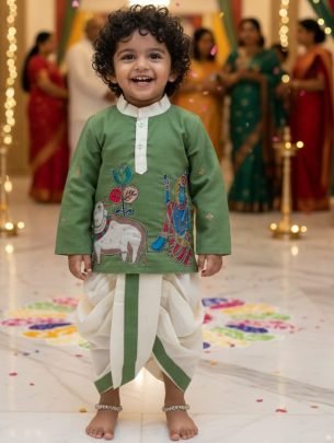 Krishna Photo With Cow Print Kids Kurta With Dhoti