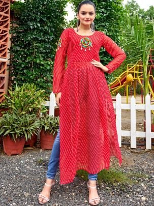 Kutchi Patch Work Red Colour Navratri Kurti