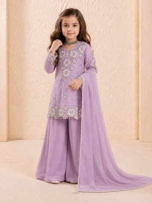 Lavender Blossom Kids Embroidered Palazzo Set with Elegant Dupatta