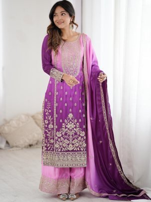 Lavender Color Chinon Silk Fabric Palazzo Suit