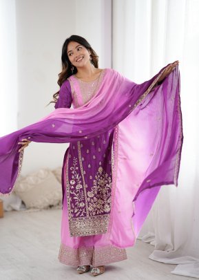 Lavender Color Chinon Silk Fabric Palazzo Suit