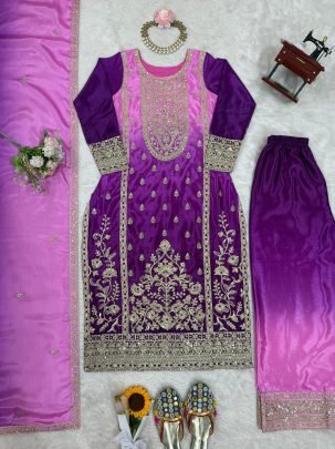 Lavender Color Chinon Silk Fabric Palazzo Suit