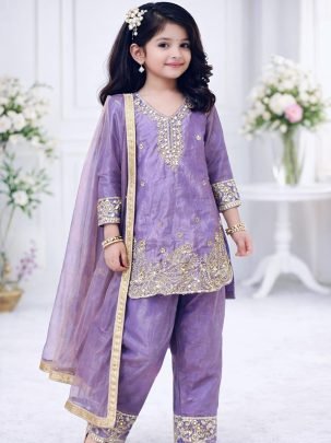 Lavender Color Gmy Silk Kids Palazzo Suit 