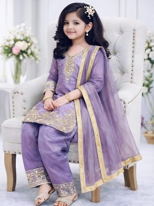 Lavender Color Gmy Silk Kids Palazzo Suit