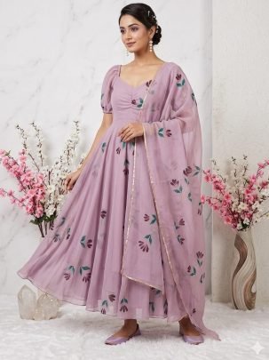Lavender Georgette Anarkali Kurit Pant Set