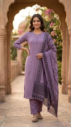 Lavender Kurta Set With Printed Dupatta For Women
