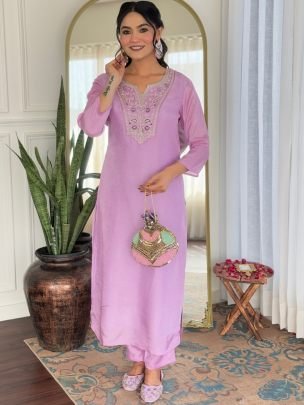 Lavender Rayon Embroidered Straight Kurti Pant With Dupatta