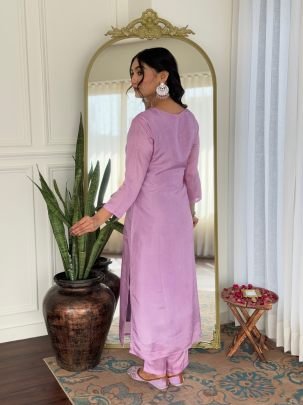 Lavender Rayon Embroidered Straight Kurti Pant With Dupatta