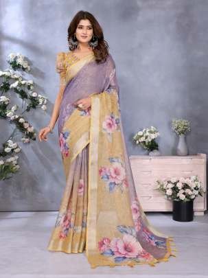 Lavender Yellow Shimmer Saree With Vibrant Floral Print